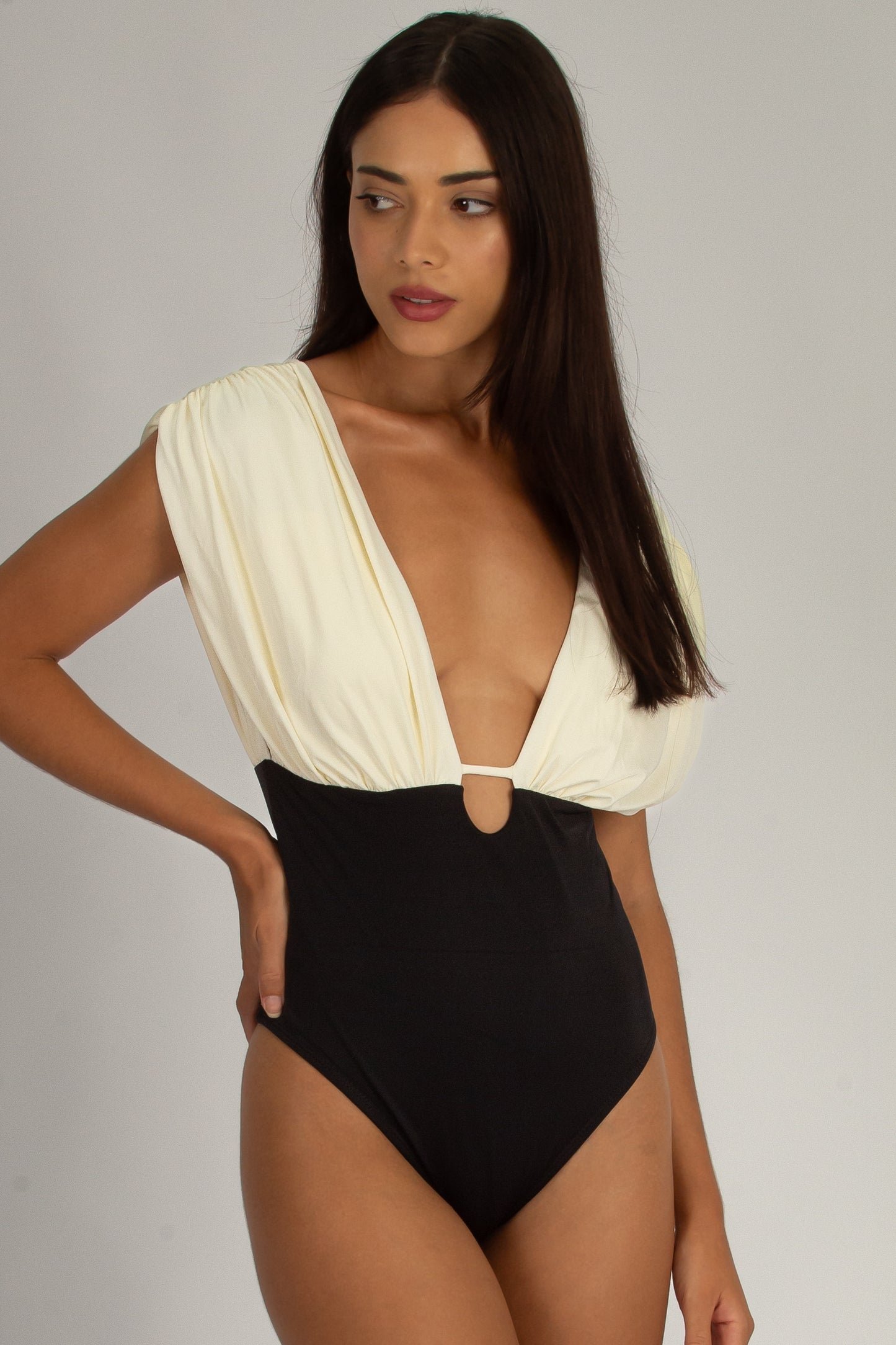 Bicolor Black and Off White Draped Shoulder Swimsuit